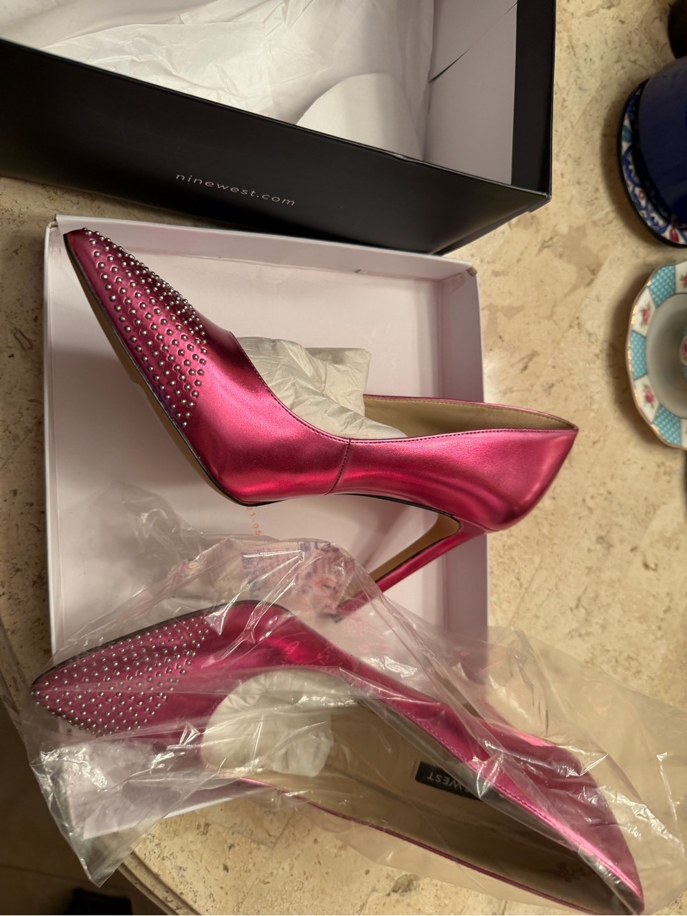 Nine West Hot Pink Satin Pointed-Toe Stiletto Heels with Rhinestones